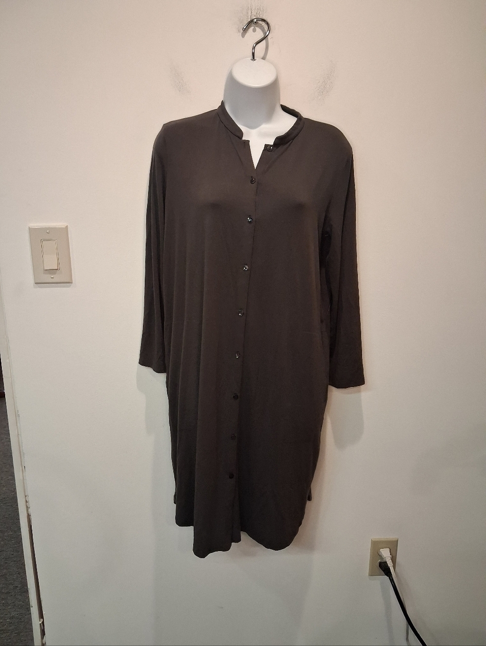 Eileen Fisher Size Xs Gray Button Down Shirt Dress Pockets